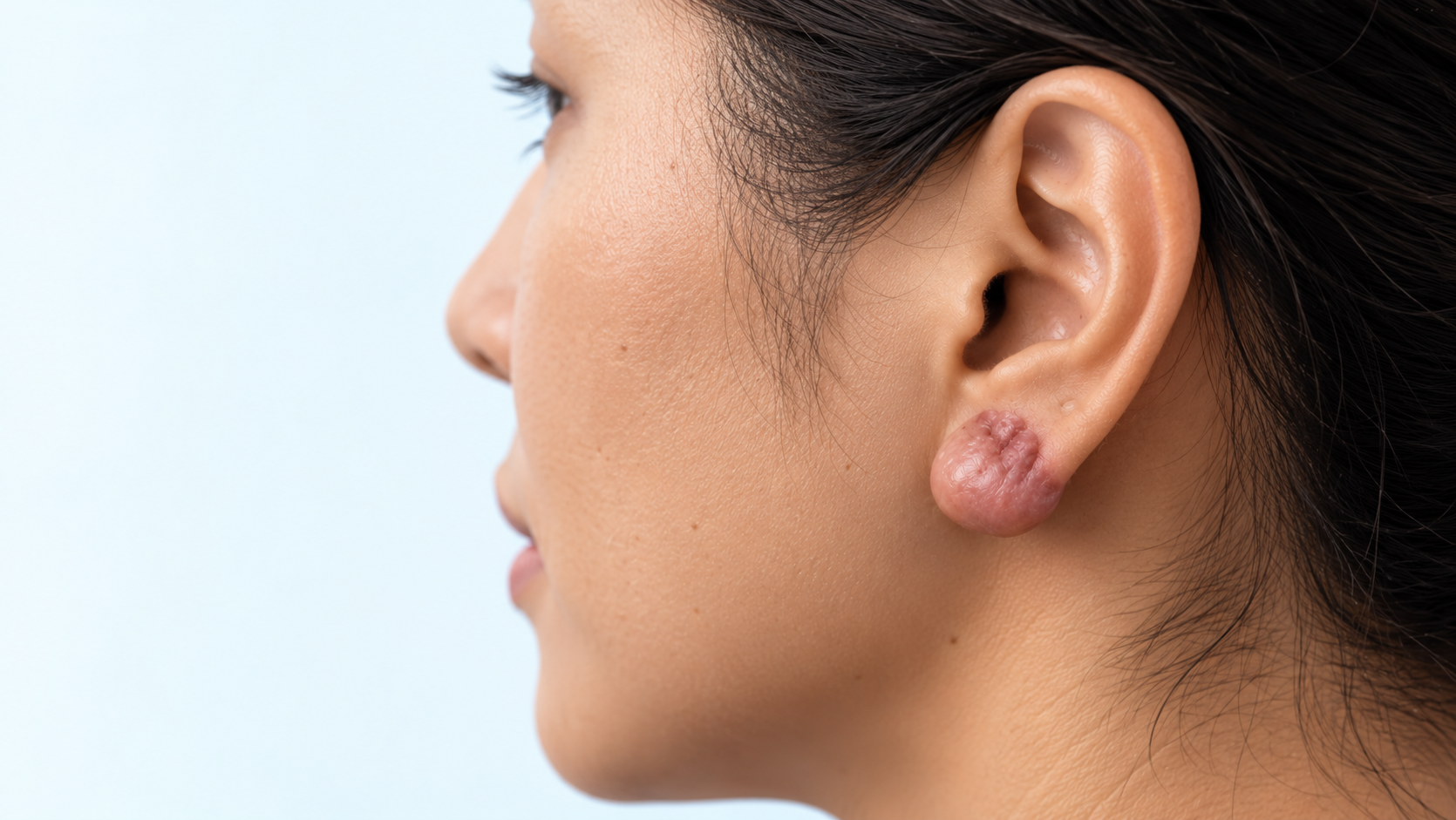 Illustrative close-up of an earlobe keloid